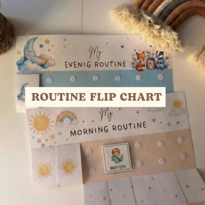 Puede incluir: Un gráfico de rutina infantil con ilustraciones de una luna, un sol, un arcoíris y animales del bosque. El gráfico está etiquetado como "Rutina de la noche" y "Rutina de la mañana" con un icono de "Cepillarse los dientes".