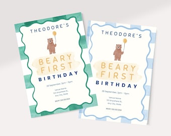 Teddy Bear First Birthday Invitation - Editable 1st Birthday Party Template – Beary First Birthday Invite – Boy Girl Printable Download