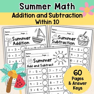 Summer Math Worksheets for Kindergarten & First Grade | Addition and Subtraction Within 10 | End of Year Review | Printable Math Packet