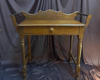 Antique Victorian Washstand c.1880s | Scalloped Gallery Backsplash | Towel Bar Arms | Dovetail Drawer | Turned Legs | Side Table