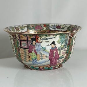 Vintage Chinese Famille Rose Medallion Bowl - 10” Hand Painted Porcelain - People and Nature Scenes - Pristine Condition