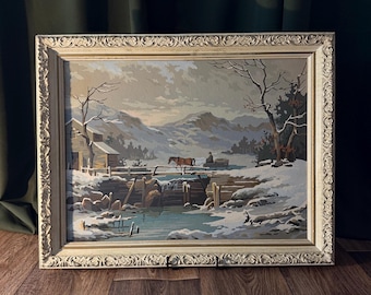Vintage Winter Paint by Number Landscape | Horse Drawn Sleigh Snow Scene | Ornate Ivory Framed Folk Art