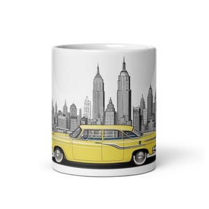 Kubek NYC Yellow Cab - biały błyszczący kubek do kawy z motywem panoramy Nowego Jorku, wyjątkowy prezent dla miłośnika miasta, trwała ceramiczna filiżanka do herbaty