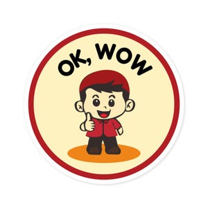 Round Stickers, Indoor/Outdoor - Funny Sarcastic Thumbs Up Cartoon Guy, Ok Wow, Laptop Decal, Water Bottle Sticker, Vinyl Decal, Car Bumper