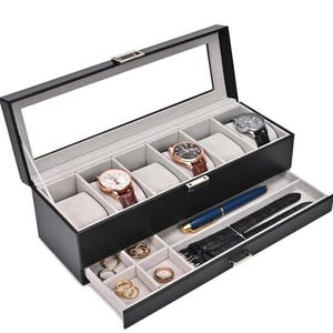 6-Slot Watch Box with Drawer – Elegant Black Faux Leather Display Case for Men & Women