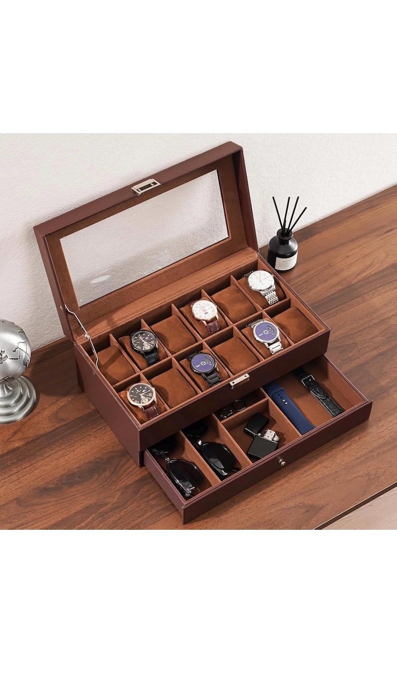 Leather Watch Box Organizer 12 Slots With Glass Lid & Drawer | Luxury ...