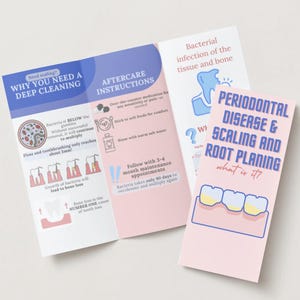 Op de afbeelding: Informatieve brochures over tandheelkundige gezondheid, met tekst en illustraties over diepe reiniging, nazorginstructies en parodontitis. De brochures zijn in blauw en roze.