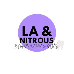 Puede incluir: Fondo blanco con un círculo morado que contiene el texto "LA & NITROUS" en negro. Debajo del círculo, el texto "BOARD REVIEW NOTES" está escrito en cursiva. Un gráfico de diente blanco a la derecha.