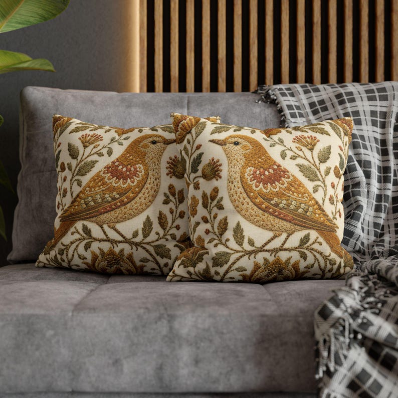 Golden Yellow Bird Pillow Cover, Vintage Floral Embroidered Look, English Country Decor image 10