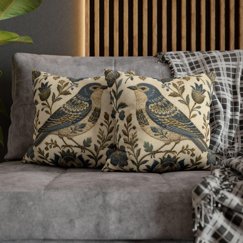 Vintage Blue Bird Floral Embroidered Look Pillow Cover, English Country Decor image 13