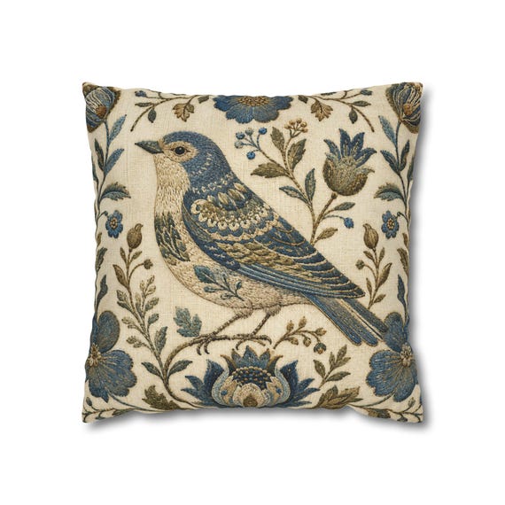 Vintage Blue Bird Floral Embroidered Look Pillow Cover, English Country Decor
