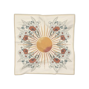 Sunburst Floral Scarf 25x25 Boho Square Bandana | Vintage-Inspired Daisy & Poppy Head Wrap in Warm Earth Tones