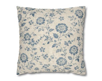 Funda de cojín decorativa neutra de estilo campestre francés vintage con estampado floral azul