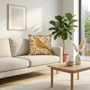 May include: A square throw pillow featuring a detailed illustration of a bird perched among stylized flowers and foliage in shades of mustard yellow, burnt orange, and sage green on a cream-colored background, placed on a light beige sofa.