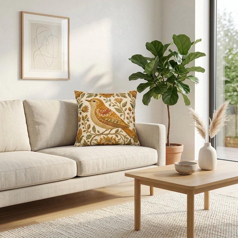 May include: A square throw pillow featuring a detailed illustration of a bird perched among stylized flowers and foliage in shades of mustard yellow, burnt orange, and sage green on a cream-colored background, placed on a light beige sofa.