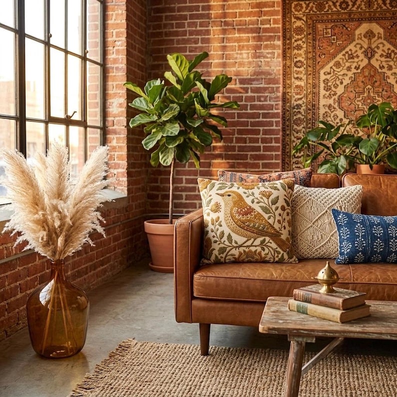 May include: A brown leather sofa featuring a cream-colored throw pillow with a bird and floral pattern, a textured cream pillow, and a blue patterned pillow. A wooden coffee table holds two stacked books, and a large amber glass vase holds pampas grass.