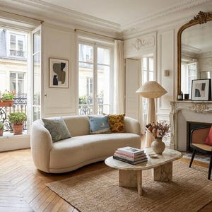 May include: A curved cream-colored sofa with textured fabric, a beige marble coffee table, a tall mushroom-shaped floor lamp, and a woven rug. The room features white walls, a fireplace with a large mirror, and windows overlooking a city street.