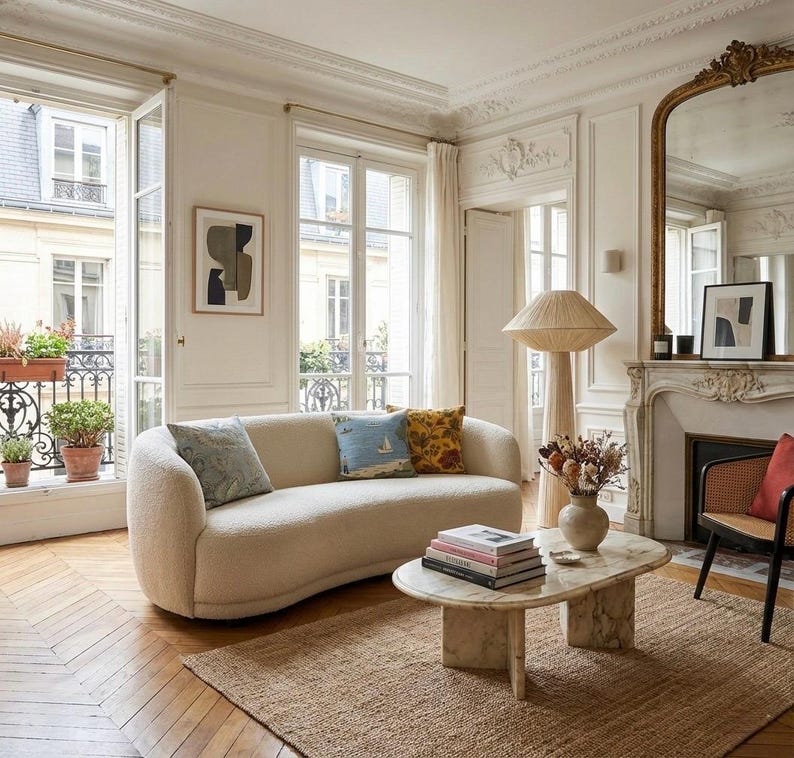 May include: A curved cream-colored sofa with textured fabric, a beige marble coffee table, a tall mushroom-shaped floor lamp, and a woven rug. The room features white walls, a fireplace with a large mirror, and windows overlooking a city street.