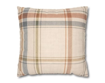 Neutral Plaid Pillow Cover Beige Cream Blue Tan
