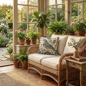 May include: A light brown wicker loveseat with cream-colored cushions and a decorative throw pillow featuring a blue bird and floral pattern. The loveseat is positioned in a sunroom filled with various potted green plants and flowers.