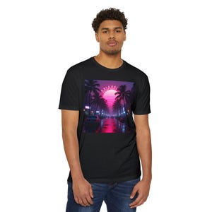Miami Retro Sunset TShirt Vaporwave Aesthetic Unisex Tee 80s Synthwave Streetwear Neon City Graphic Shirt for Men and Women