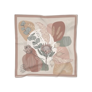 Neutral Botanical Scarf Modern Floral Abstract Square Bandana | 25x25 Minimalist Nature-Inspired Head Scarf in Earth Tones