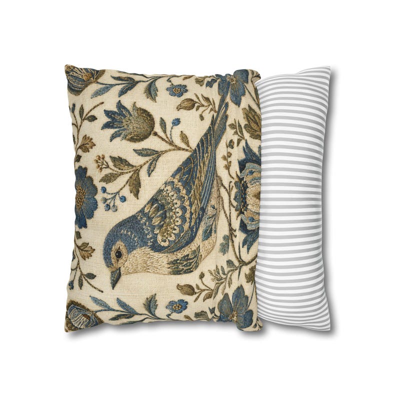 Vintage Blue Bird Floral Embroidered Look Pillow Cover, English Country Decor image 10