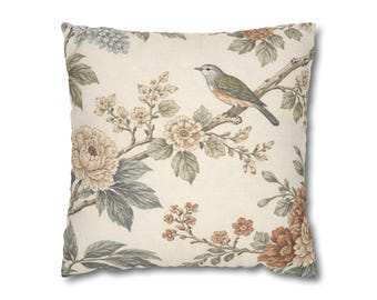 Vintage Floral Bird Pillow Cover – Neutral Botanical Throw Pillow for Cottagecore or Woodland Decor