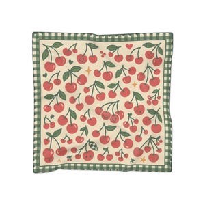 Cute Cherry Gingham Bandana, Kawaii Fruit Scarf with Smiley Face, Green Picnic Check Border, Cottagecore Hair Wrap Accessory