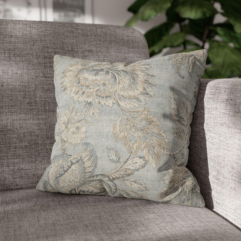 Patina Blue Vintage Floral Pillow Cover | French Country Linen Look image 11