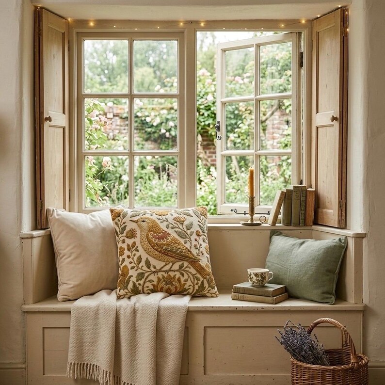 May include: A window seat featuring a cream-colored throw blanket, a solid beige pillow, a square pillow with a bird and floral embroidery, and a sage green rectangular pillow. A stack of books, a teacup, and a candle holder sit on the bench.