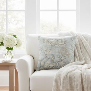 Patina Blue Vintage Floral Pillow Cover | French Country Linen Look image 3