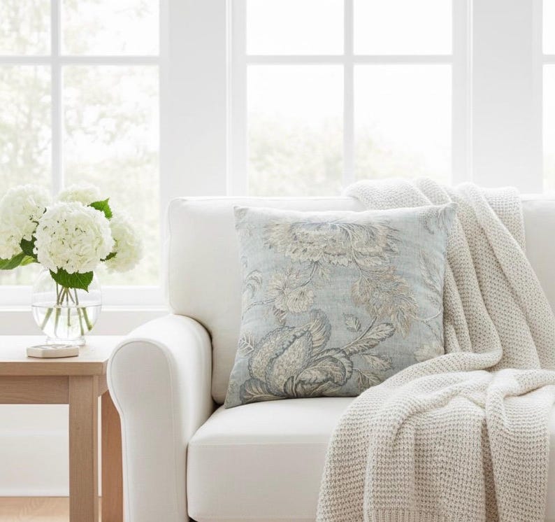 Patina Blue Vintage Floral Pillow Cover | French Country Linen Look image 3
