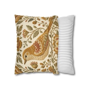 Golden Yellow Bird Pillow Cover, Vintage Floral Embroidered Look, English Country Decor image 12