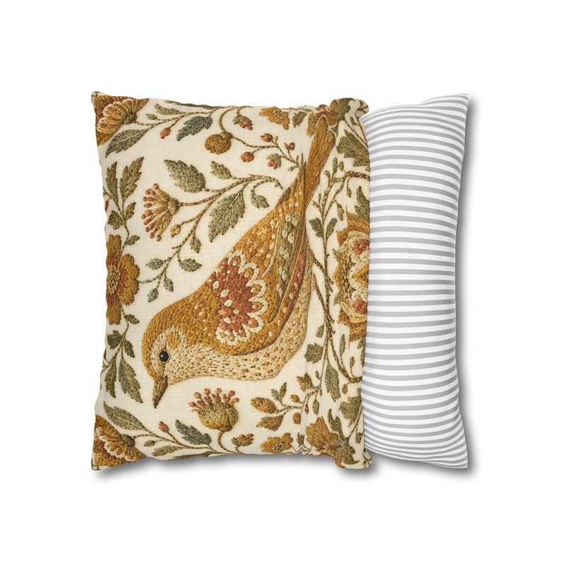 Golden Yellow Bird Pillow Cover, Vintage Floral Embroidered Look, English Country Decor image 12