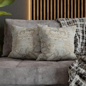 Patina Blue Vintage Floral Pillow Cover | French Country Linen Look image 10