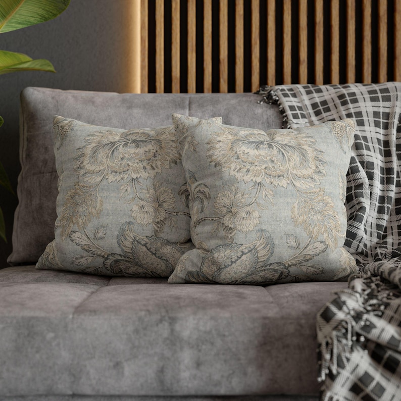 Patina Blue Vintage Floral Pillow Cover | French Country Linen Look image 10