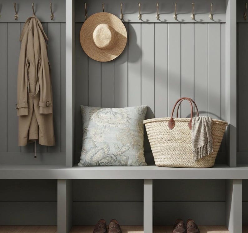 May include: A beige trench coat hangs on a hook next to a straw hat. A square pillow with a light blue and beige floral pattern sits on a bench beside a woven straw basket with brown leather handles and a small gray fringed scarf draped over it.