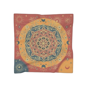 Boho Celestial Mandala Scarf Sun Moon Stars Square Bandana | 25x25 Witchy Scarf for Astrology Lovers, Cosmic Head Wrap