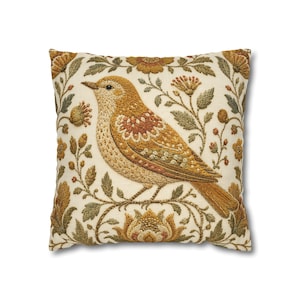 Golden Yellow Bird Pillow Cover, Vintage Floral Embroidered Look, English Country Decor image 1