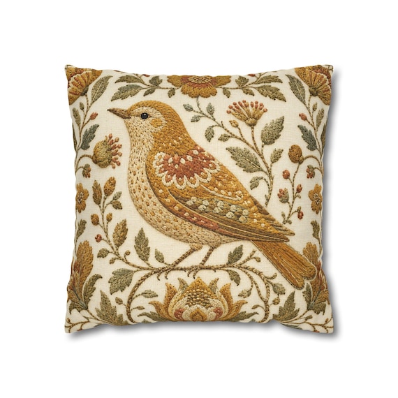 Golden Yellow Bird Pillow Cover, Vintage Floral Embroidered Look, English Country Decor