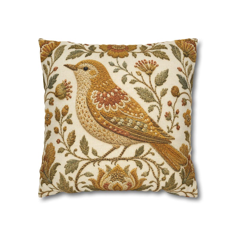Golden Yellow Bird Pillow Cover, Vintage Floral Embroidered Look, English Country Decor image 1