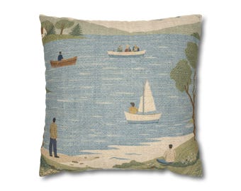 Lakeside Sailboat Pillow Cover Vintage Lake Scene Coastal Nautical Cushion Cover