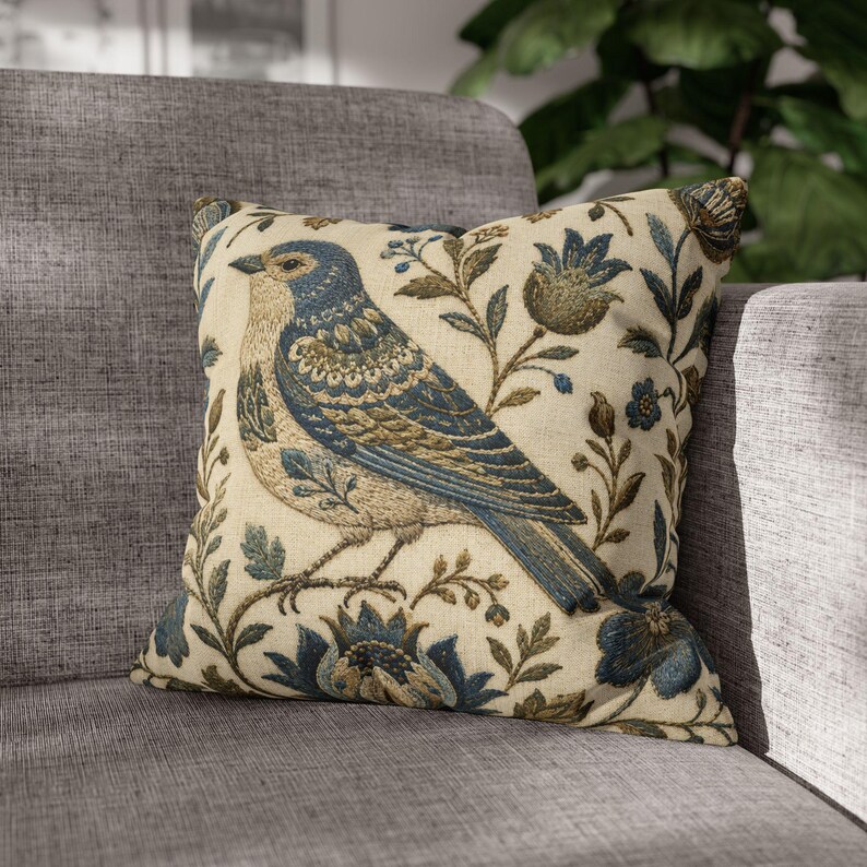 Vintage Blue Bird Floral Embroidered Look Pillow Cover, English Country Decor image 12