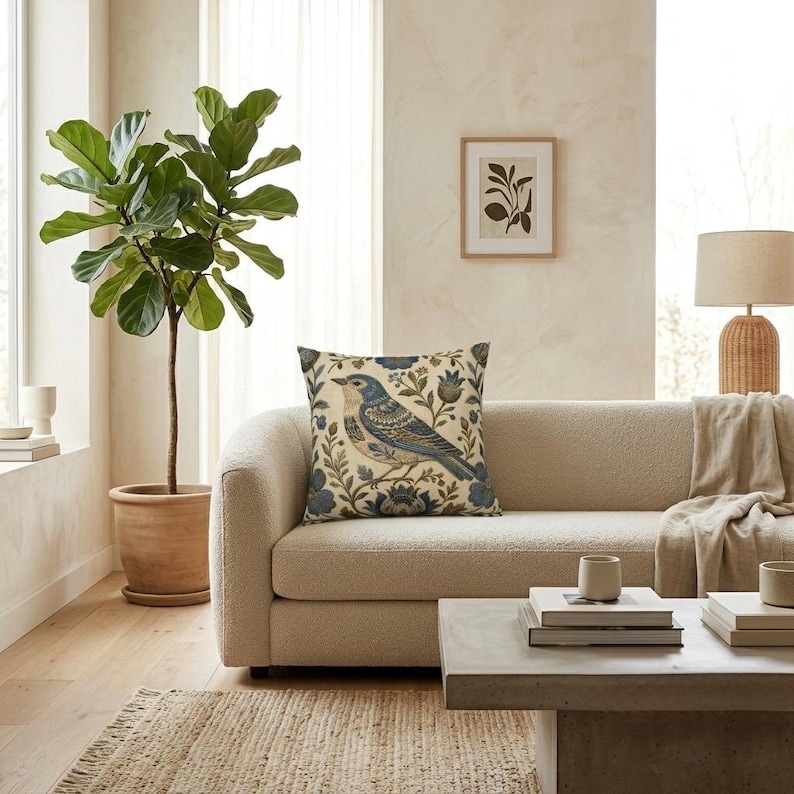 May include: A square throw pillow featuring a detailed illustration of a blue and brown bird perched among stylized blue and brown floral and leafy branches on a cream-colored background, showcasing intricate patterns and natural color tones.
