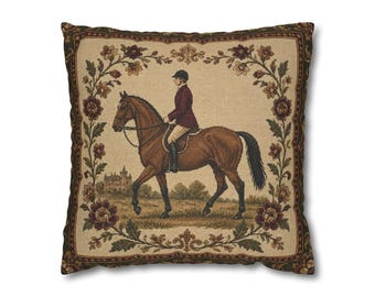 Equestrian Tapestry Pillow Cover Vintage Horse Rider Cottage Manor Throw Pillow