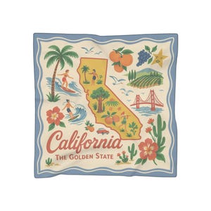 May include: Square bandana with a light blue border and a cream-colored center featuring a map of California. The map includes illustrations of surfers, oranges, grapes, the Golden Gate Bridge, and the text "California The Golden State."