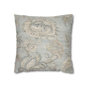 Patina Blue Vintage Floral Pillow Cover | French Country Linen Look image 1
