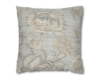 Patina Blue Vintage Floral Pillow Cover | French Country Linen Look