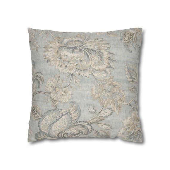 Vintage Floral Pillow Cover – Patina Blue French Country Decor, Washed Linen Look